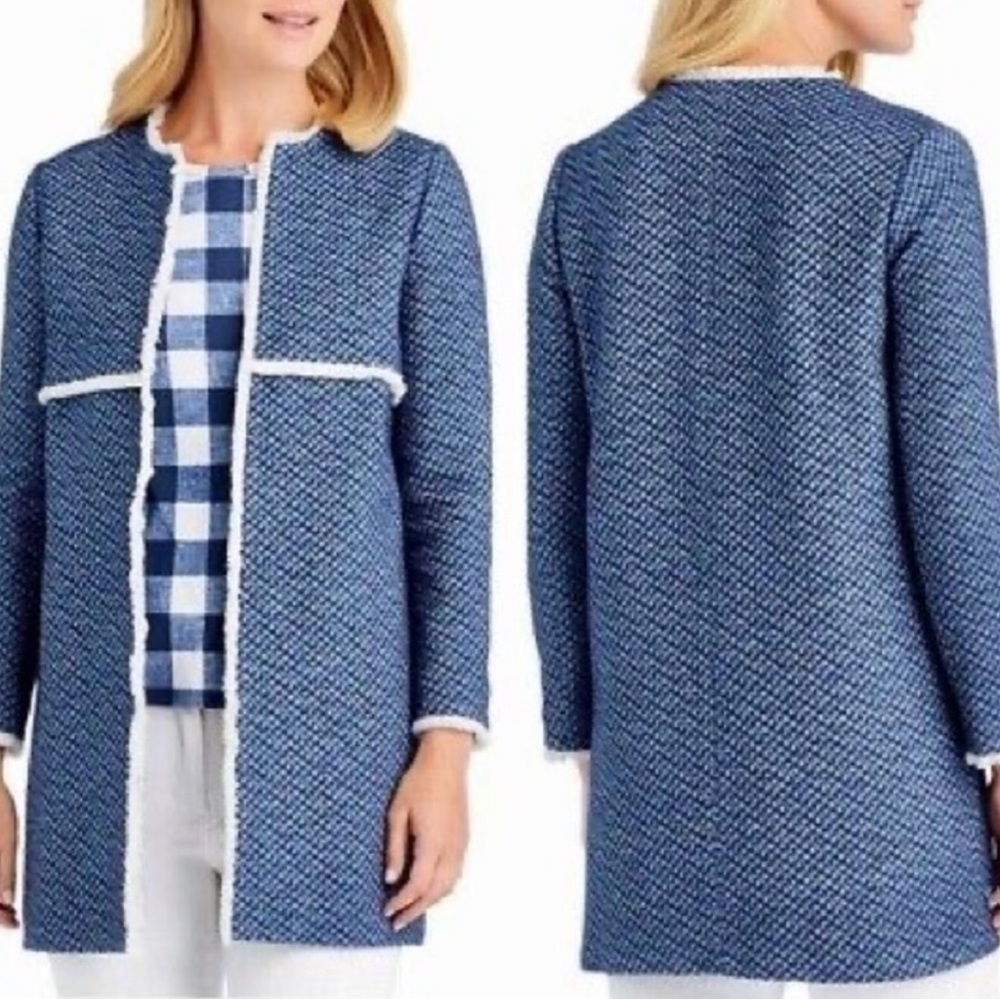 J. McLaughlin Fringed Tweed Coat Women's Size S Hook & Eye Closure Midi Pockets